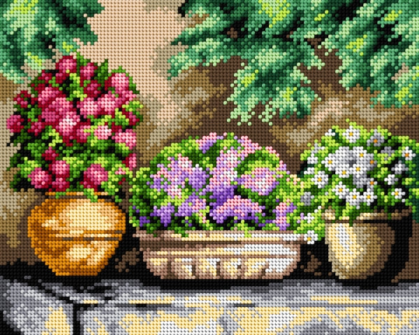 Needlepoint canvas featuring a floral design titled 'Flowers in My Garden', measuring 24x30 cm, printed on high-quality Zweigart material.