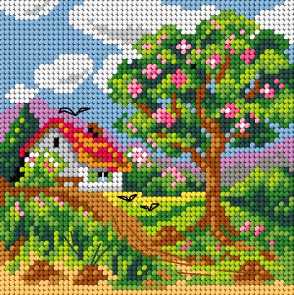 Needlepoint canvas featuring a Spring design, measuring 15x15 cm, printed on high-quality Zweigart material.