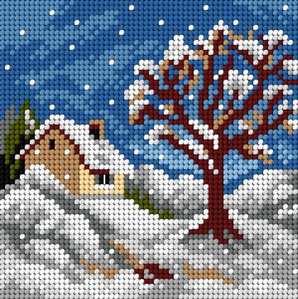 Needlepoint canvas featuring a Winter design, measuring 15x15 cm, printed on high-quality Zweigart fabric, ideal for halfstitch technique.