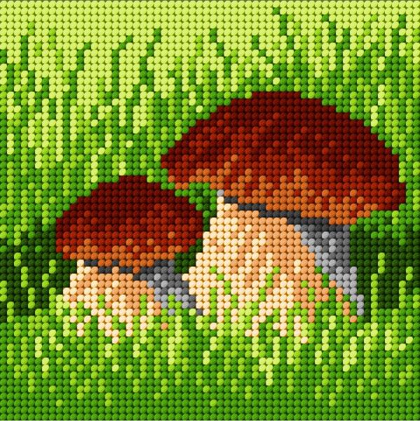 Needlepoint canvas featuring a colorful mushroom design, measuring 15x15 cm, perfect for halfstitch projects.