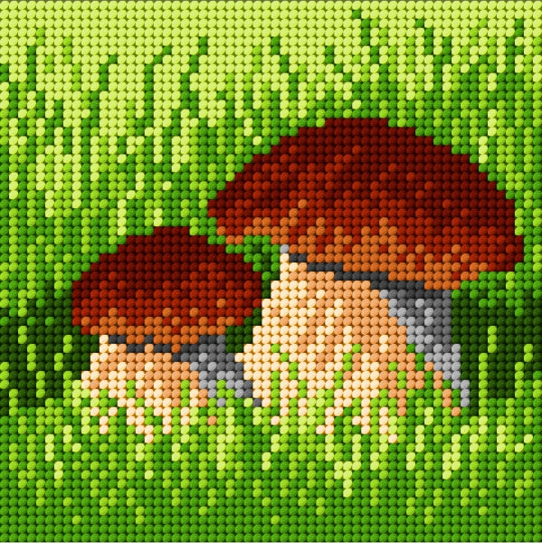 Needlepoint canvas featuring a colorful mushroom design, measuring 15x15 cm, perfect for halfstitch projects.