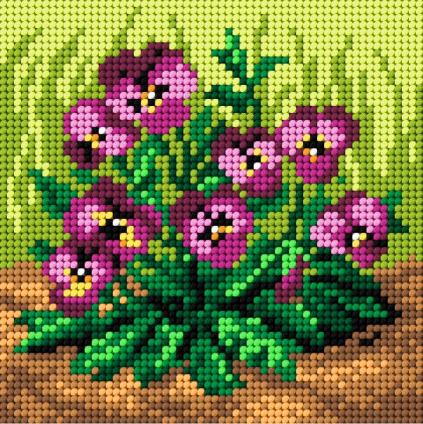 Needlepoint canvas featuring a vibrant Purple Pansies design, measuring 15x15 cm, ideal for halfstitch technique.