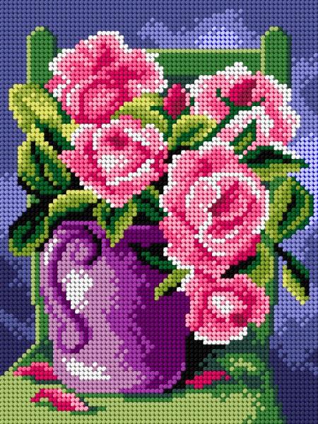 Needlepoint canvas featuring roses in a purple jug, designed for halfstitch techniques, measuring 18x24 cm.