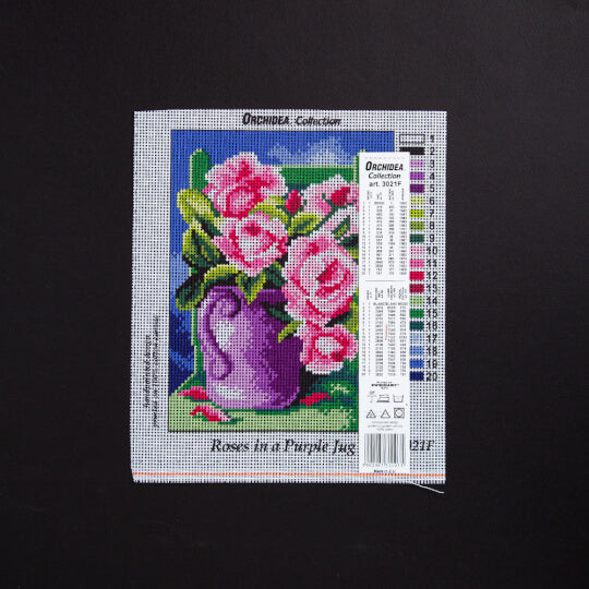 Needlepoint canvas featuring roses in a purple jug, designed for halfstitch techniques, measuring 18x24 cm.