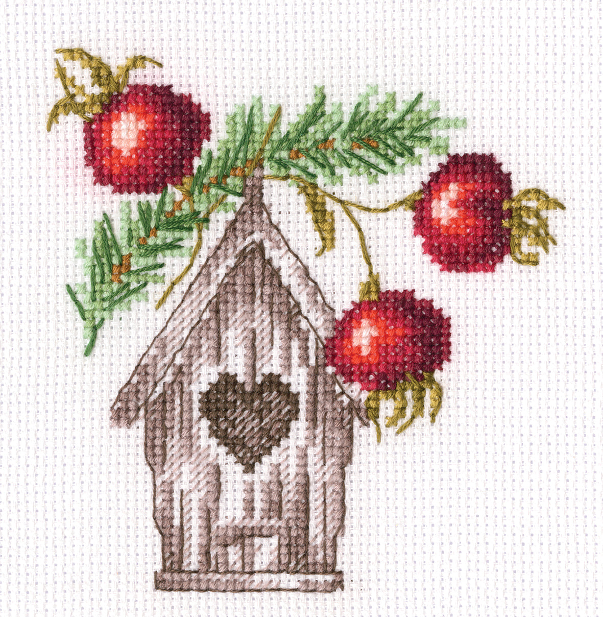 Nesting Box EH375 Counted Cross Stitch Kit featuring white Aida fabric, colorful threads, and included tools for crafting.