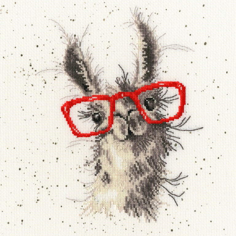 No Cause For A-Llama XHD40 Counted Cross Stitch Kit with colorful threads and Aida fabric.