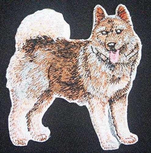 Norwegian Elkhound dog embroidery patch, 4.5" x 4.2", featuring intricate design and vibrant colors, suitable for iron-on or sew-on application.