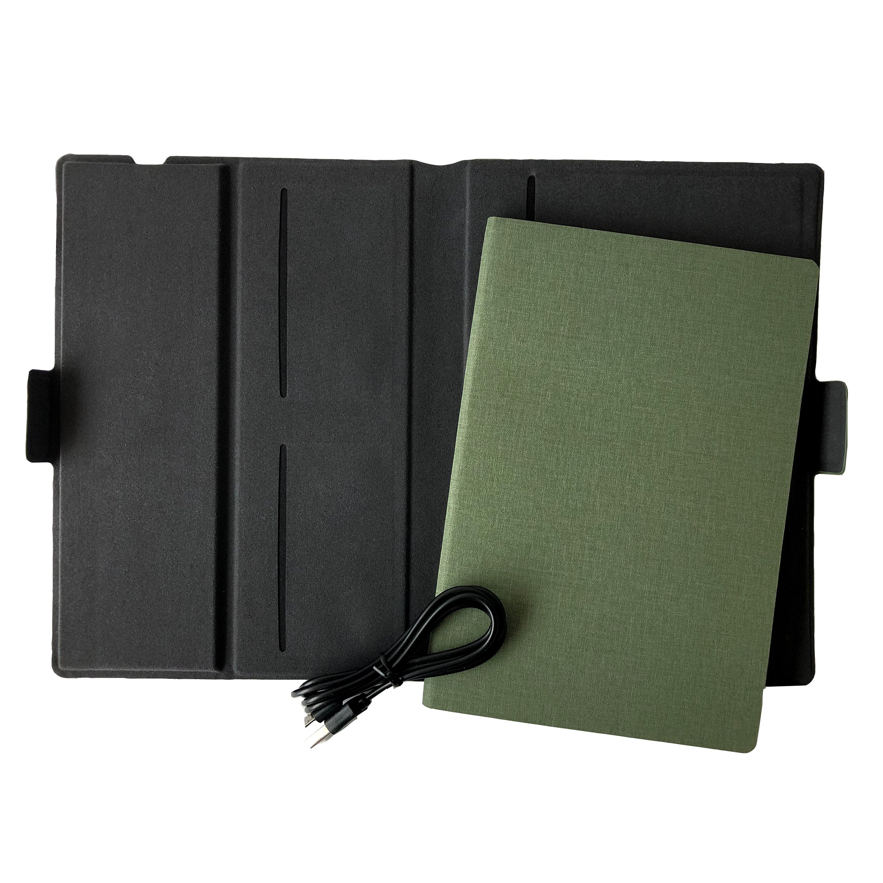 NICCI lightweight notebook with wireless charging pad for smartphones, featuring a removable A5 lined notebook and card slots.