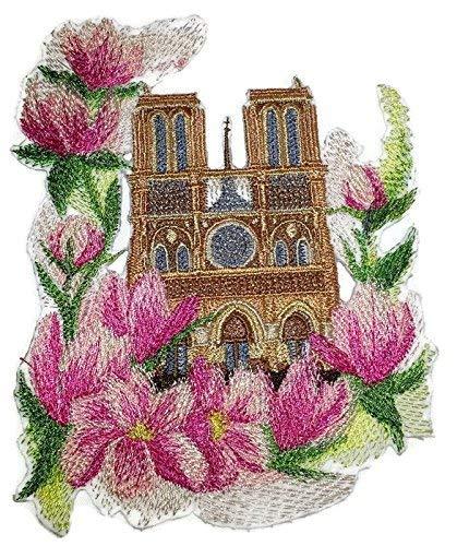 Notre Dame and Magnolias embroidered patch featuring vibrant watercolor design on a cotton base, ideal for iron-on or sew application.
