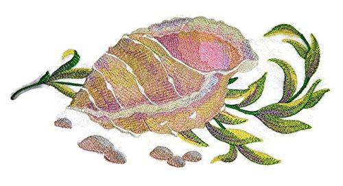 Ocean Calling embroidered patch featuring a watercolor sea shell design, perfect for iron-on or sew-on application.