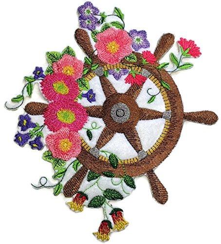 Ocean Calling Ship's Wheel Bloom embroidered patch, featuring a vibrant ship's wheel design on a durable cotton base, perfect for iron-on or sew-on applications.