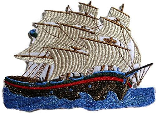 Ocean Calling Tall Ship embroidered patch, featuring a detailed tall ship design on a cotton base, measuring 6.5 inches by 5 inches.