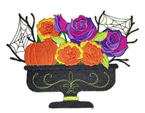 October Blooming Basket embroidered patch featuring vibrant autumn flowers on a cotton base, ideal for iron-on or sewing applications.