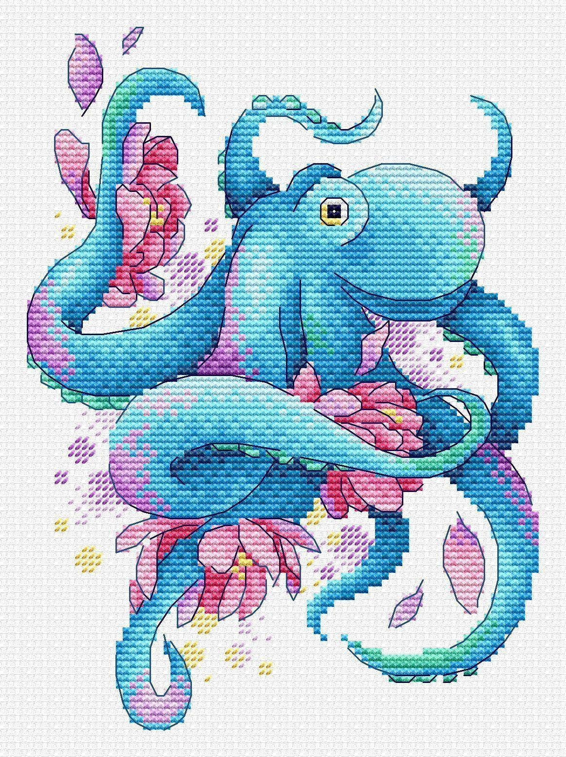 Octopus SV-548 Counted Cross Stitch Kit featuring water-soluble AIDA canvas, colorful threads, and a needle, designed by Anzhelika Ivanova.
