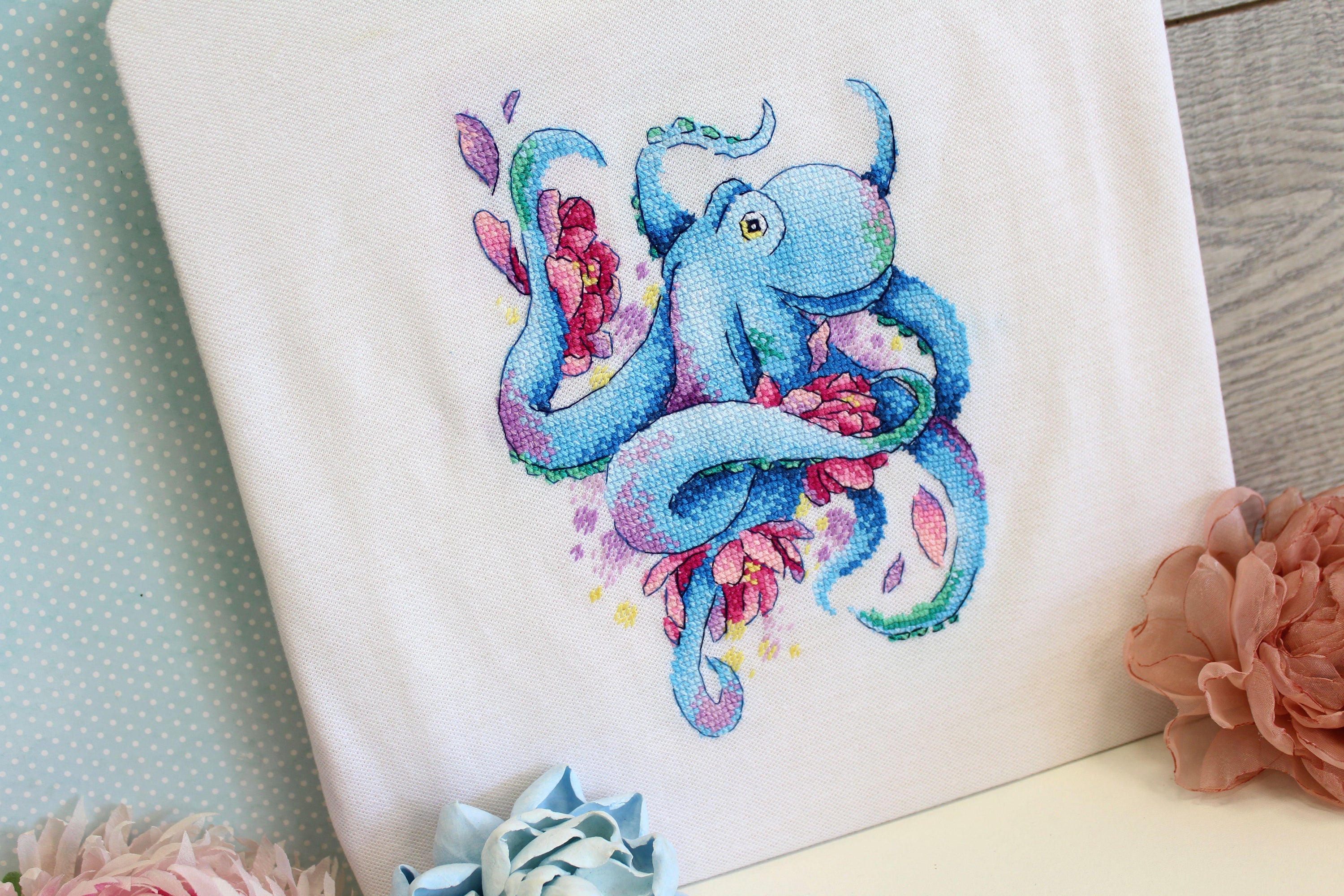 Octopus SV-548 Counted Cross Stitch Kit featuring water-soluble AIDA canvas, colorful threads, and a needle, designed by Anzhelika Ivanova.