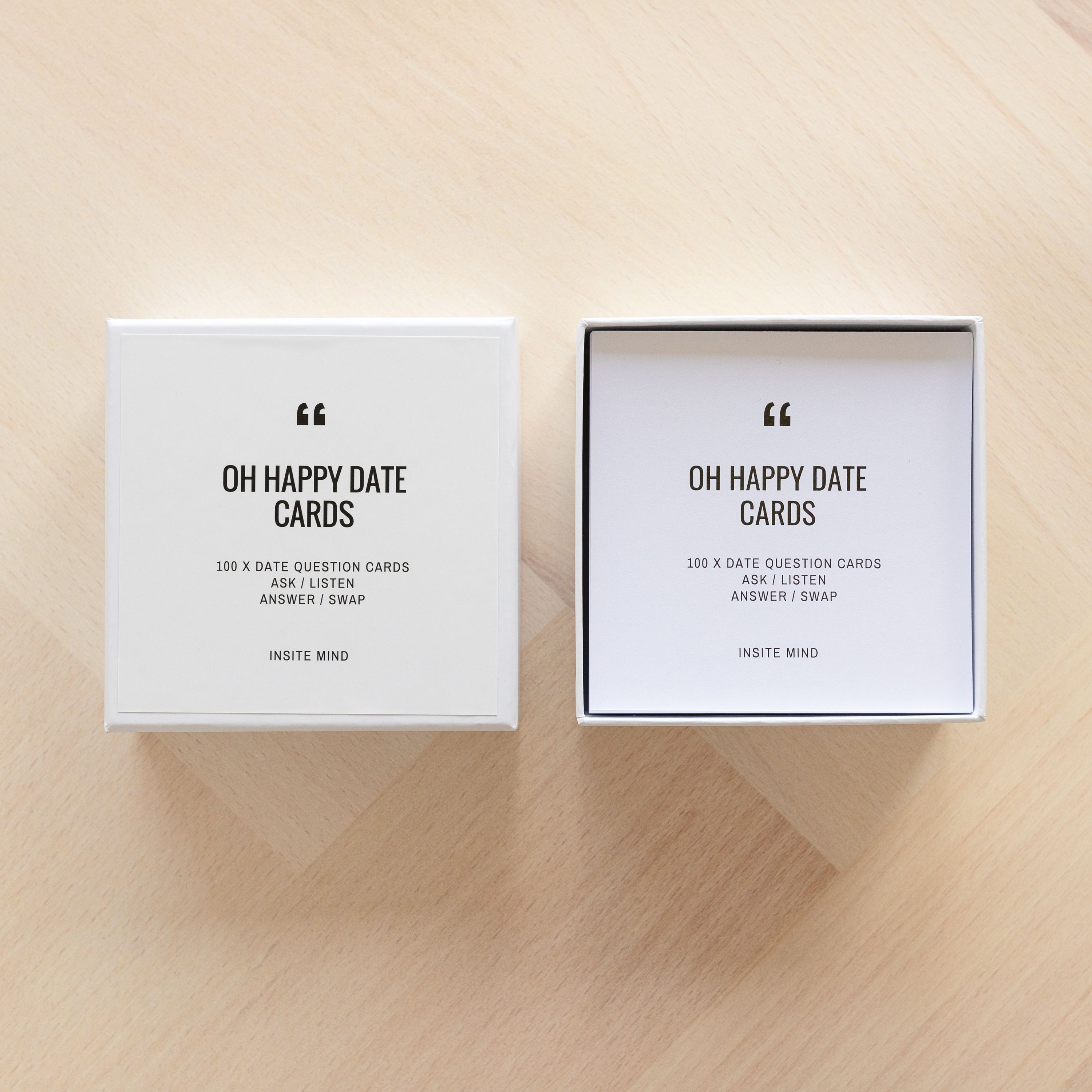 A colorful box of Oh Happy Date Cards featuring 100 engaging prompts for fun date nights and gatherings.