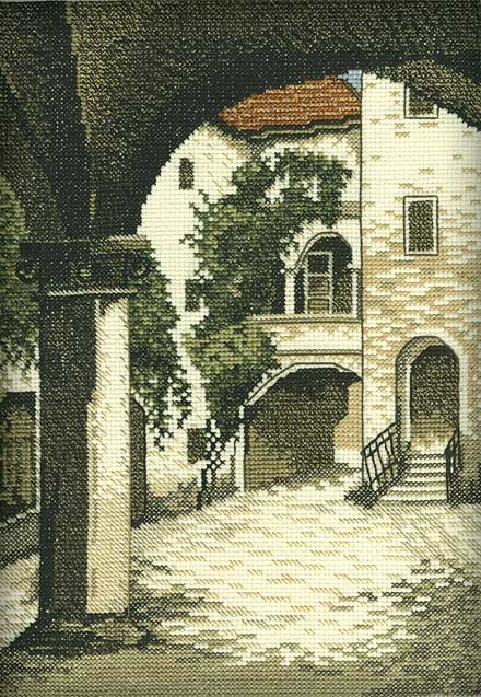 Old City R158 Counted Cross Stitch Kit featuring Aida 14 canvas, DMC threads, and detailed instructions.