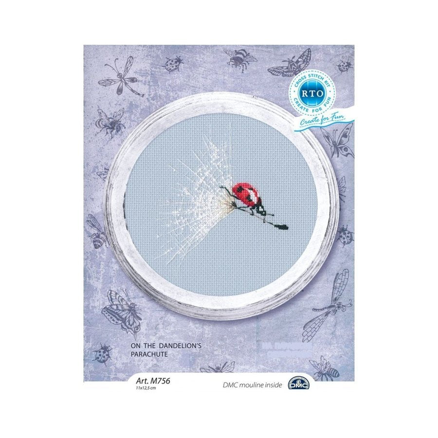 On the Dandelion's Parachute M756 Counted Cross Stitch Kit featuring grey Aida fabric, DMC threads, and included accessories.