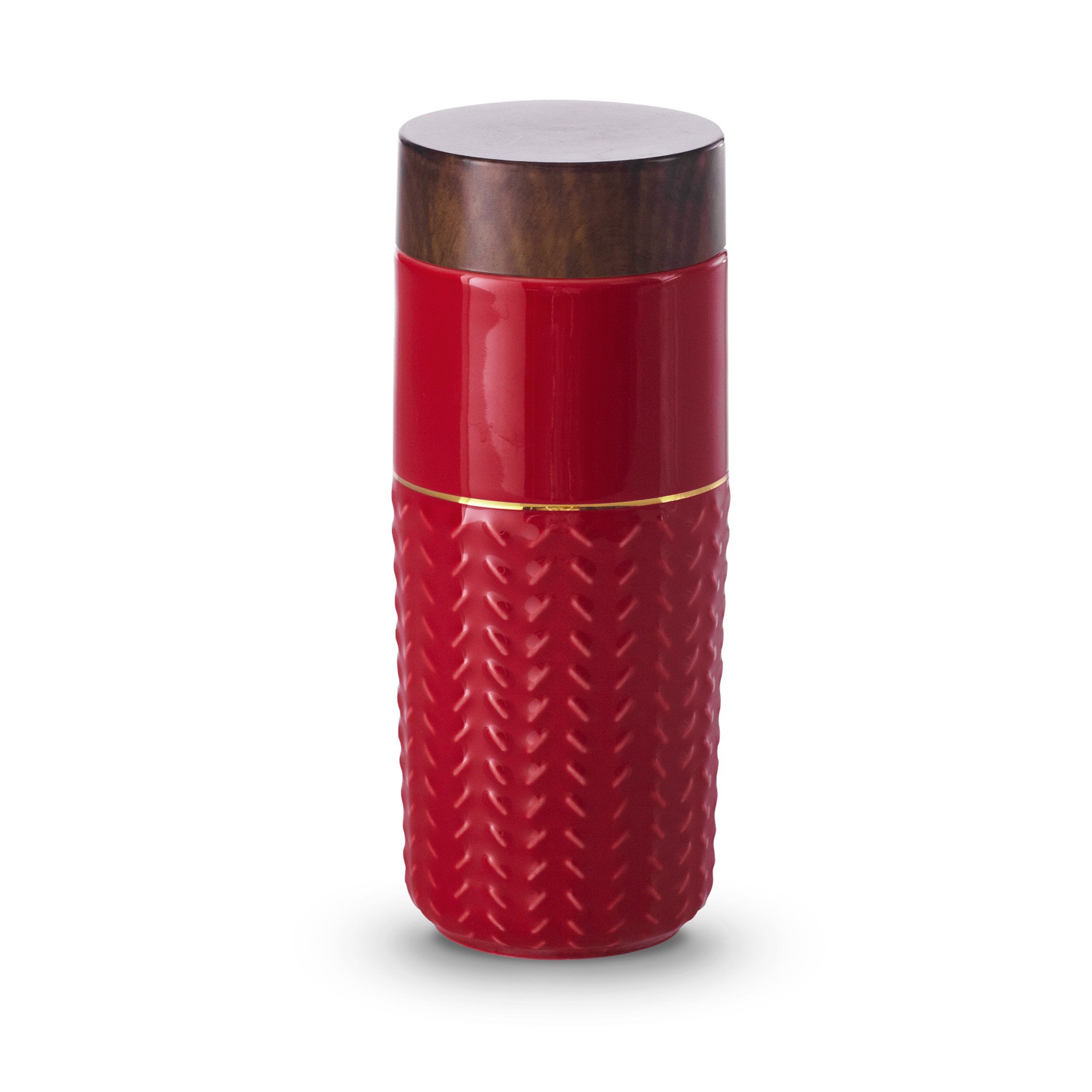 One-O-One Gold Ceramic Tumbler featuring embossed checkered texture, walnut wood-effect lid, and double-wall insulation for temperature retention.