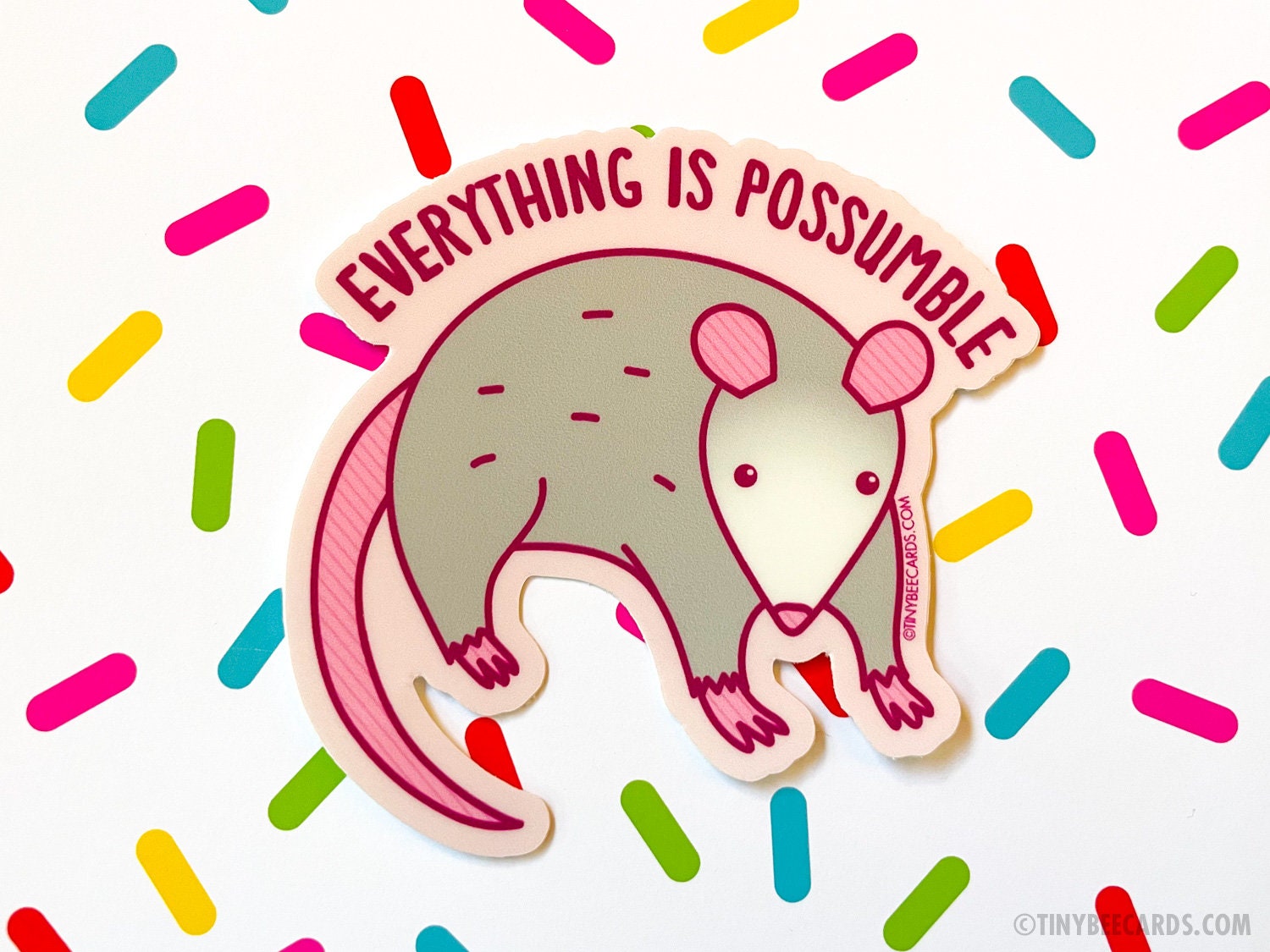 A cute opossum vinyl sticker with the text 'Everything is Possumble!' showcasing a whimsical design perfect for decoration.