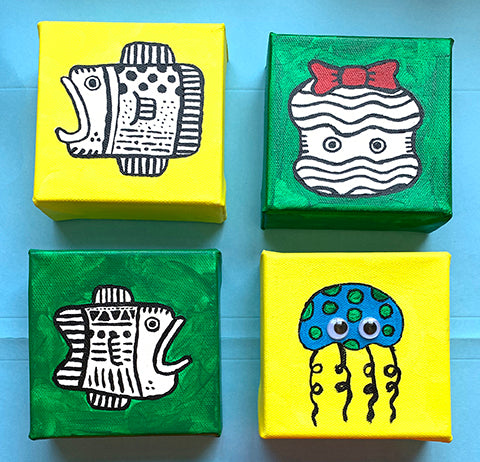 Colorful illustrated sea creatures on canvas.