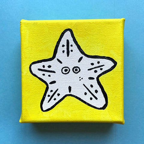Cartoon starfish on yellow canvas.
