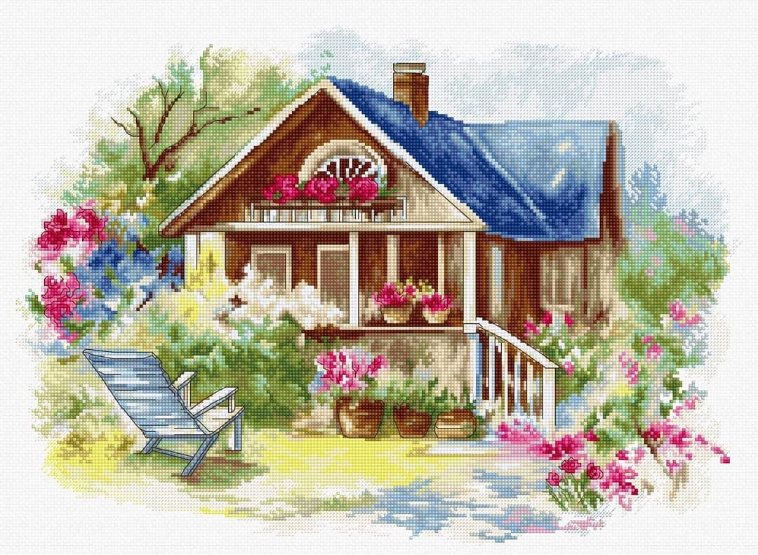 Outdoor Veranda BU4001L Counted Cross-Stitch Kit featuring a summerhouse and colorful flowers on Aida canvas.