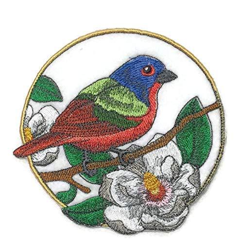 Painted Bunting and Magnolia Circle embroidered patch, showcasing vibrant colors and intricate design, perfect for iron-on or sewing applications.