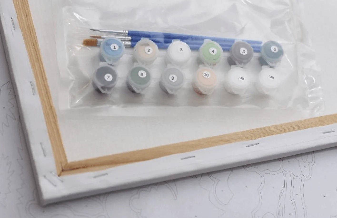 Lavender Inspiration Painting by Numbers kit featuring a natural canvas, acrylic paints, and brushes for creating beautiful artwork.