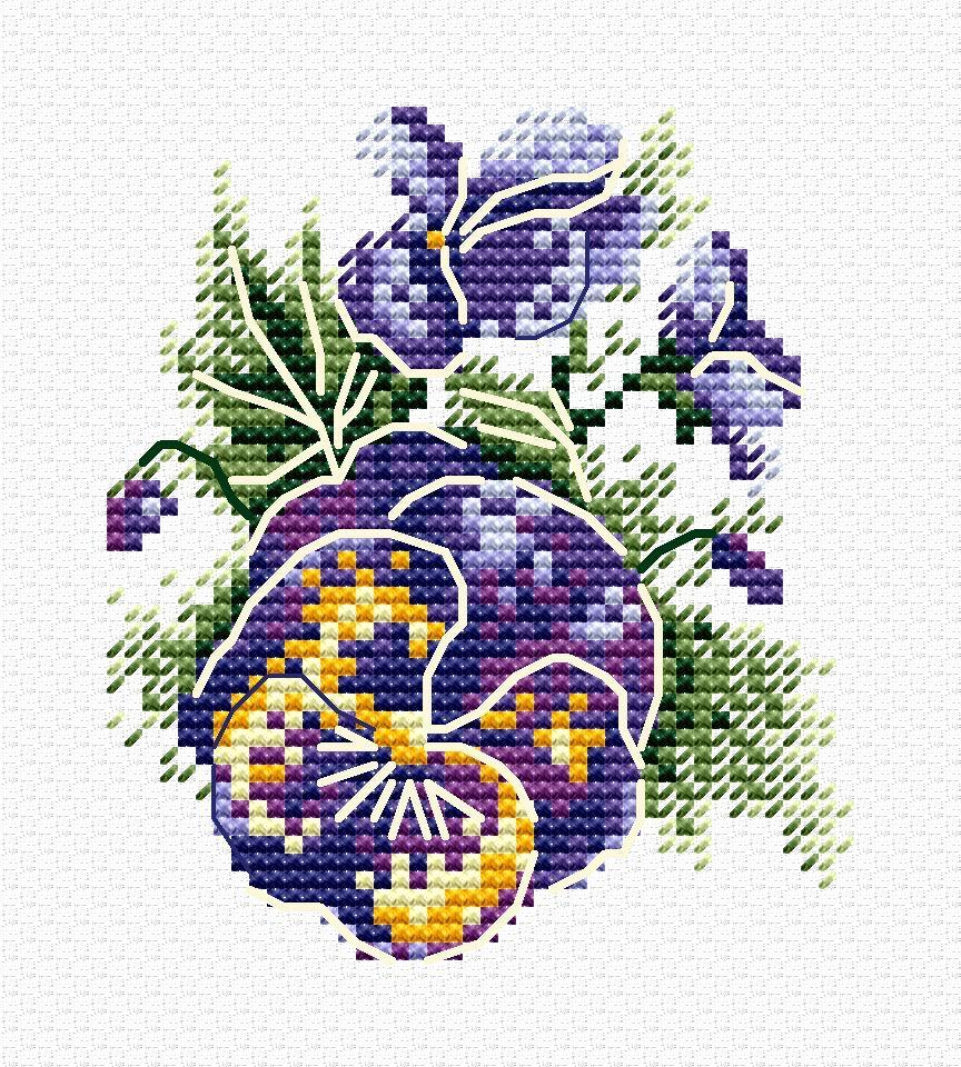 Pansies SM-630 Counted Cross Stitch Kit featuring Aida canvas, colorful threads, and a black and white chart.