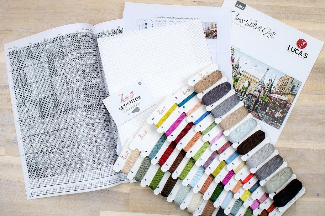 Paris B2382L Counted Cross-Stitch Kit featuring Aida canvas, Anchor threads, and needle, designed by Richard Macneil.