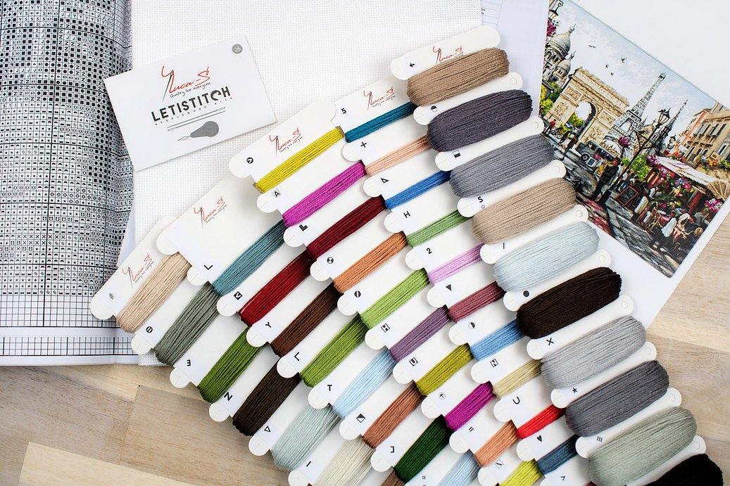 Paris B2382L Counted Cross-Stitch Kit featuring Aida canvas, Anchor threads, and needle, designed by Richard Macneil.