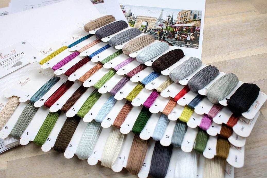 Paris B2382L Counted Cross-Stitch Kit featuring Aida canvas, Anchor threads, and needle, designed by Richard Macneil.