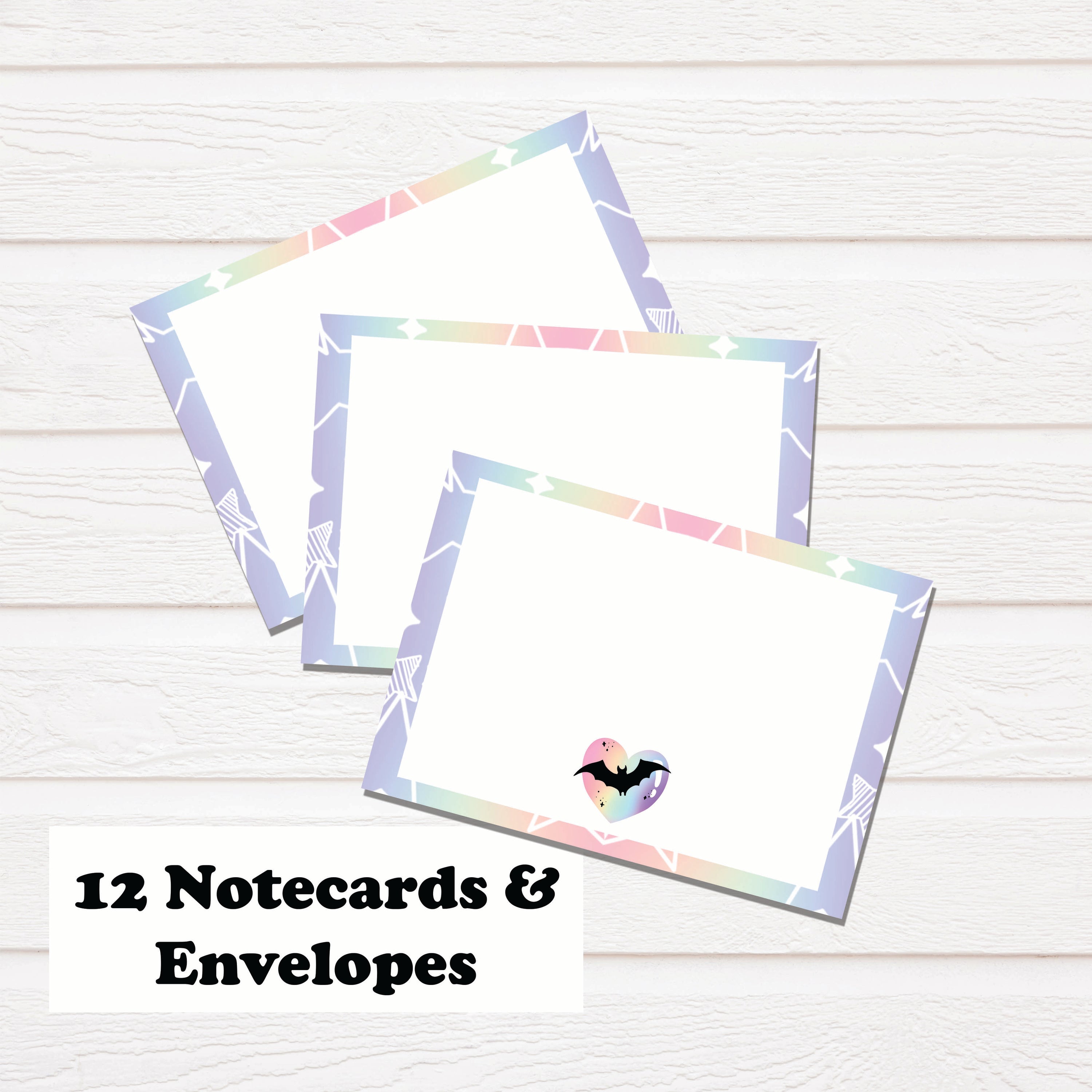Pastel Goth Bat Heart Notecard Stationary Set featuring hand-drawn illustrations on high-quality cardstock with matching envelopes.