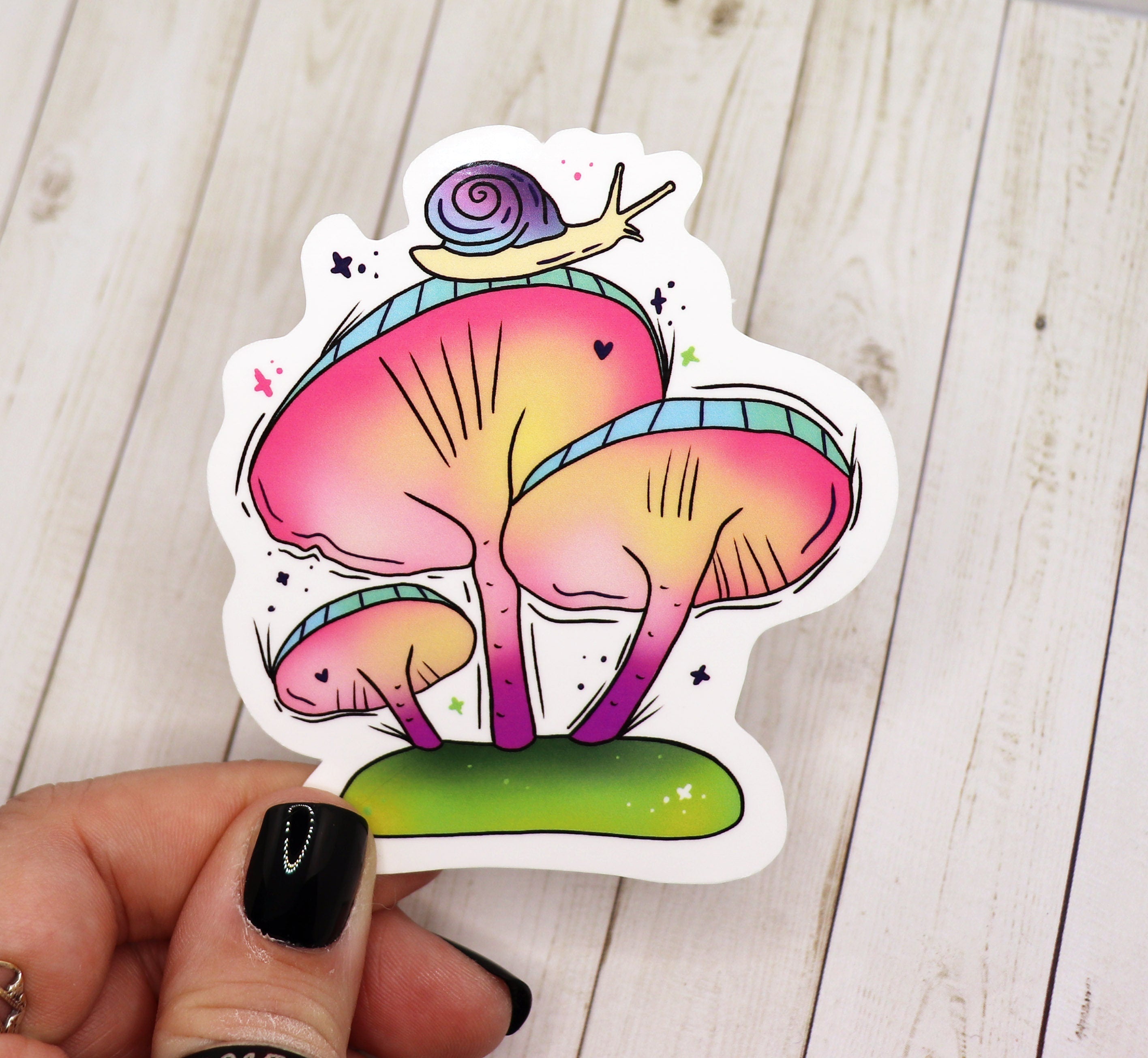 A vibrant pastel mushroom sticker on a white background, showcasing its colorful design and high-quality matte finish.
