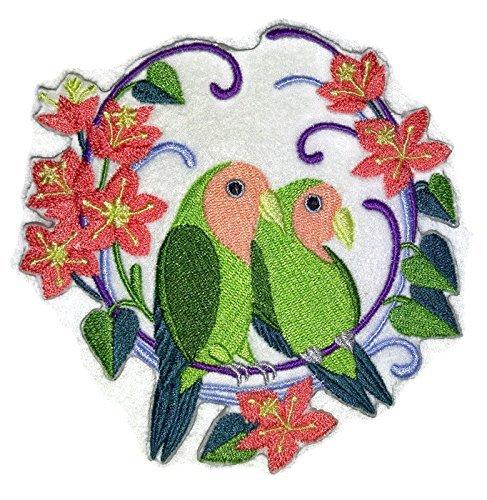 Peach Faced Lovebirds Wreath embroidered patch showcasing vibrant colors and intricate design, perfect for garments.