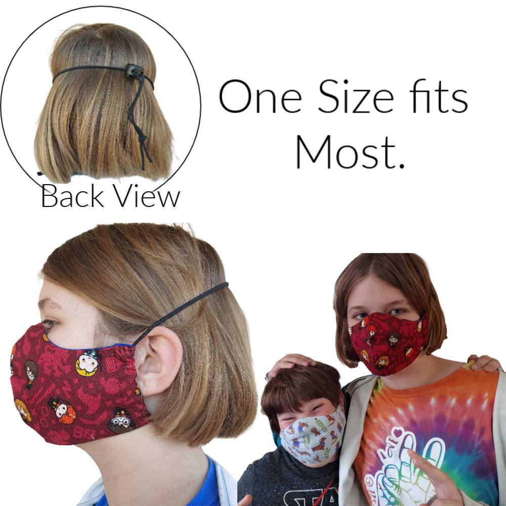 Peeking Pals Face Mask with Pocket, handmade from 100% cotton, featuring a filter pocket and adjustable head harness for a secure fit.