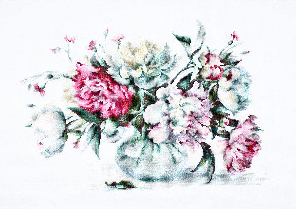 Peonies B2263L Counted Cross-Stitch Kit featuring vibrant colors and Aida canvas, designed by Elena Bazanova.