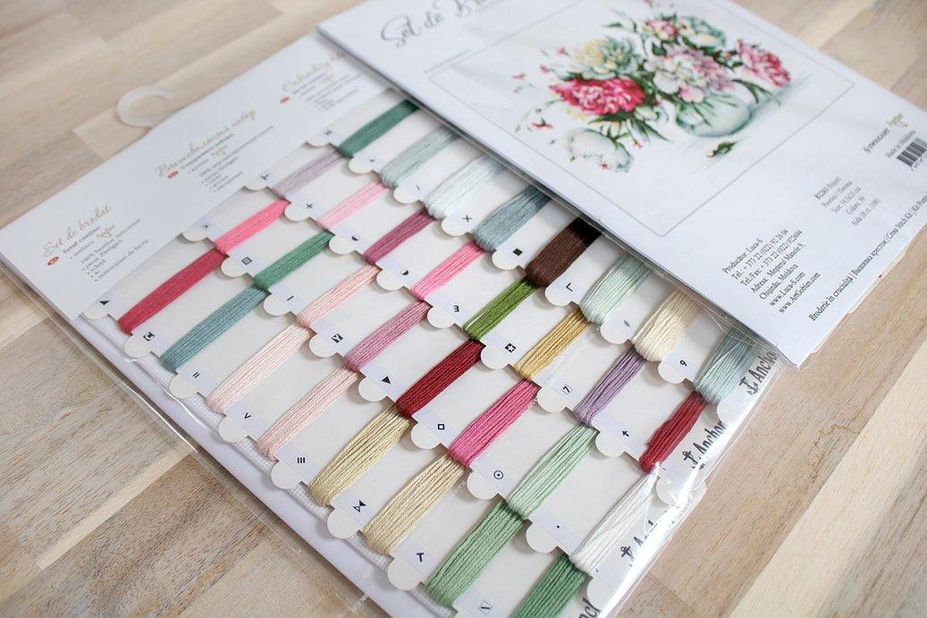 Peonies B2263L Counted Cross-Stitch Kit featuring vibrant colors and Aida canvas, designed by Elena Bazanova.