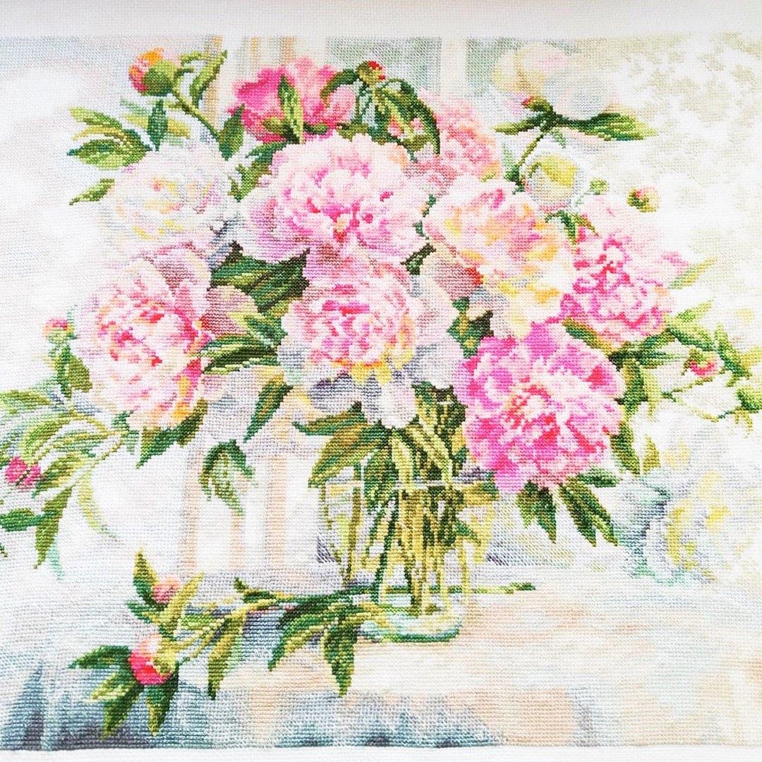 Peonies by the Window 2-51 Counted Cross-Stitch Kit featuring vibrant threads and white Aida fabric.