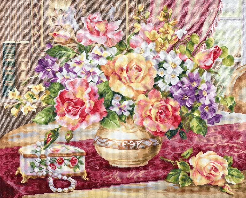Peonies by the Window 2-51 Counted Cross-Stitch Kit featuring vibrant threads and white Aida fabric.