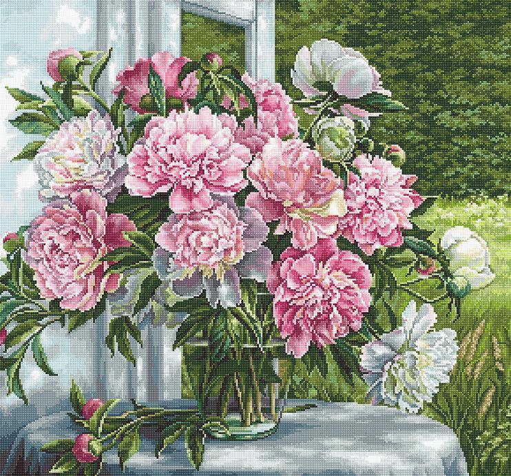 Counted cross stitch kit featuring blooming pink and white peonies by an open window, designed by Michail Satarov.