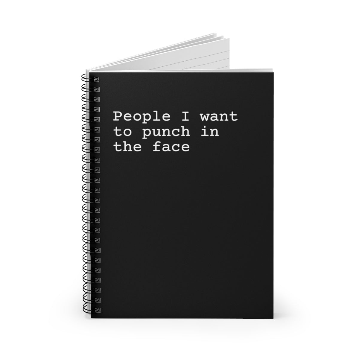 A humorous spiral notebook titled 'People I Want to Punch in the Face' with ruled line pages, perfect for notes and lists.