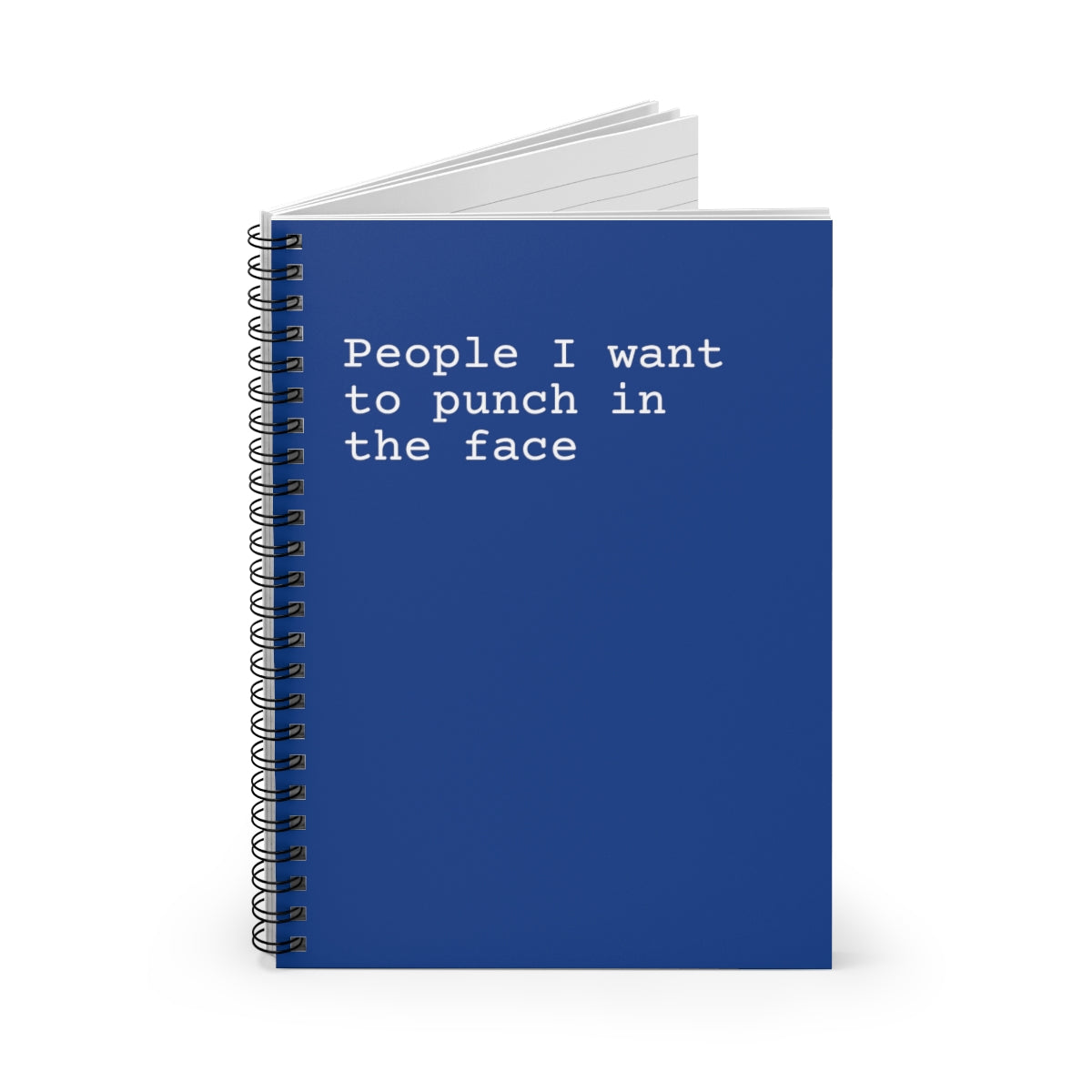 A spiral notebook with a humorous cover saying 'People I Want to Punch in the Face', featuring ruled line pages inside.