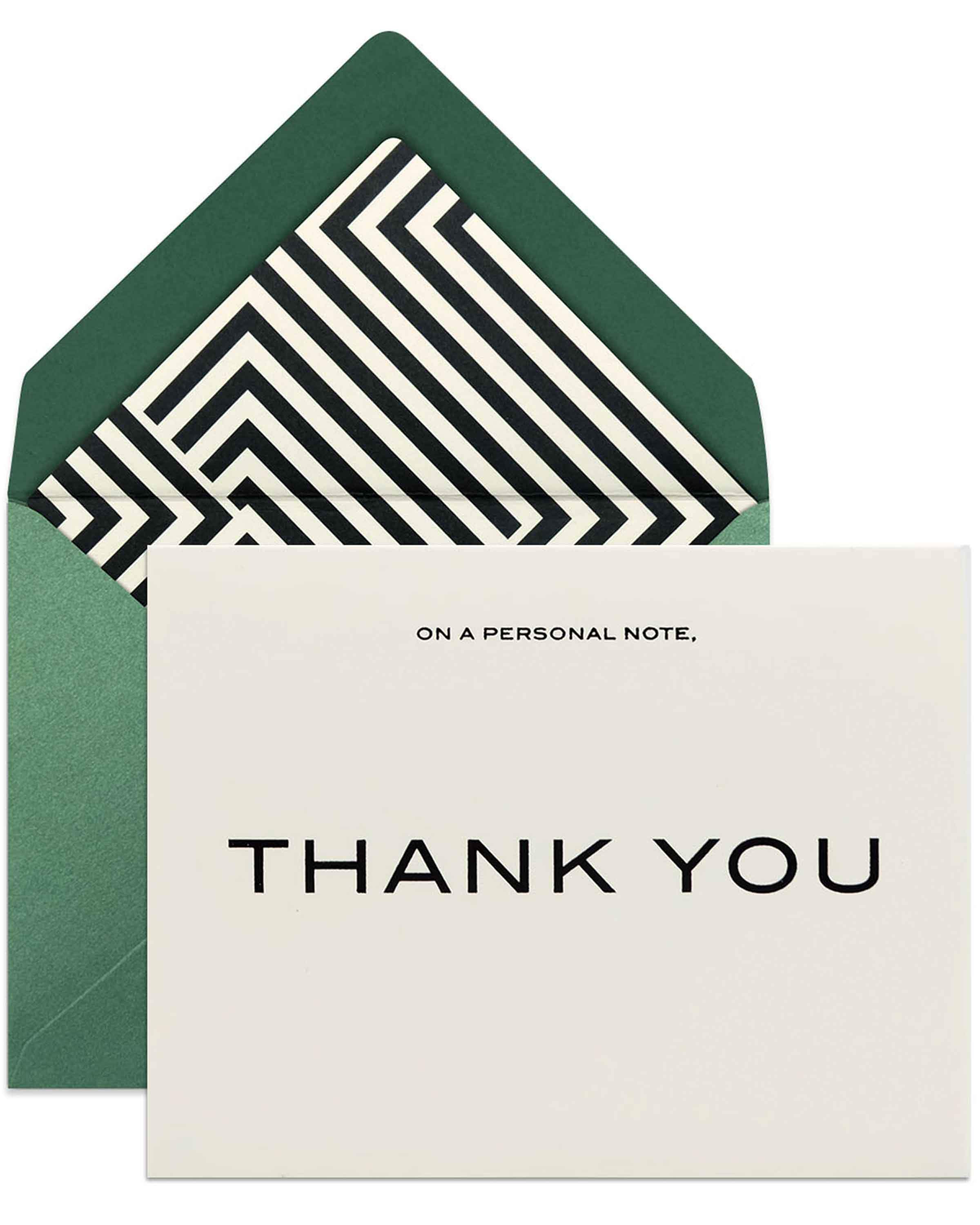 Elegant Personal Note Thank You Card with black foil accents and lined envelope, showcasing a stylish design.