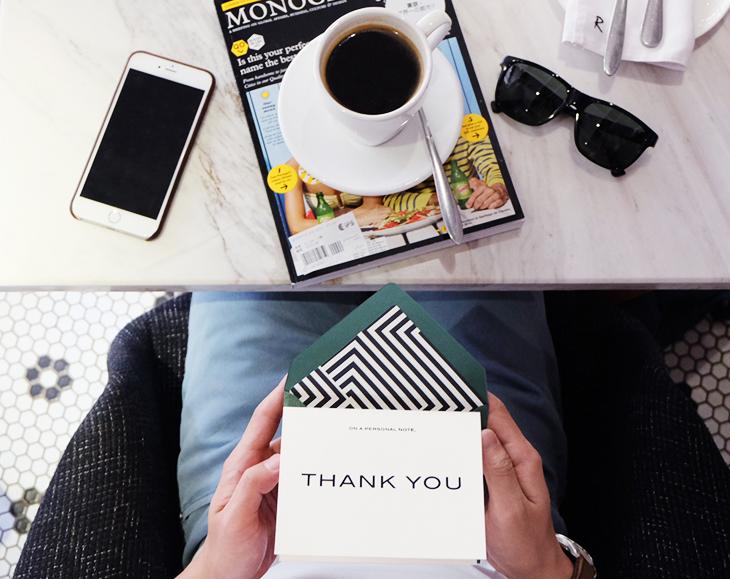 Elegant Personal Note Thank You Card with black foil accents and lined envelope, showcasing a stylish design.