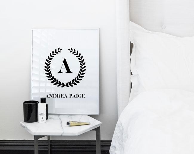 Personalised Luxe Wreath Initial print featuring a decorative wreath design with a customizable initial, perfect for children's room decor.