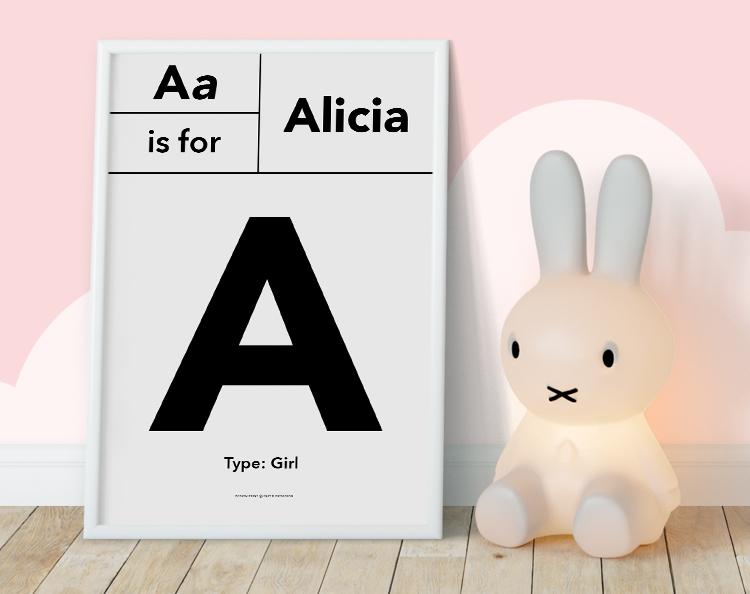 Personalised Typo Initial Avenir print featuring a child's initial in a stylish design, perfect for nursery or bedroom decor.