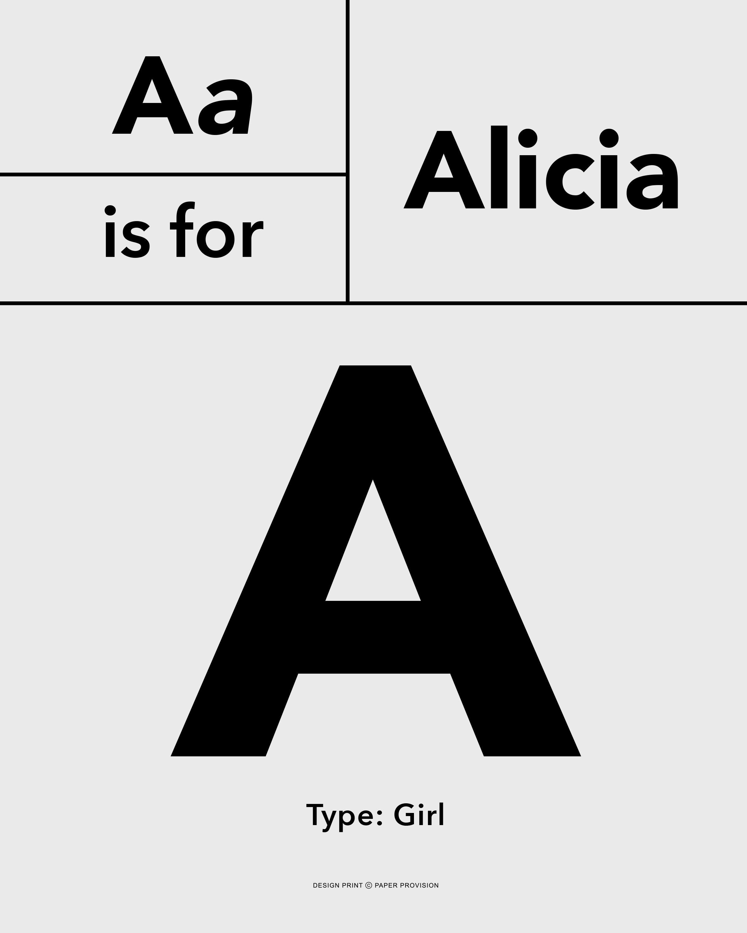 Personalised Typo Initial Avenir print featuring a child's initial in a stylish design, perfect for nursery or bedroom decor.
