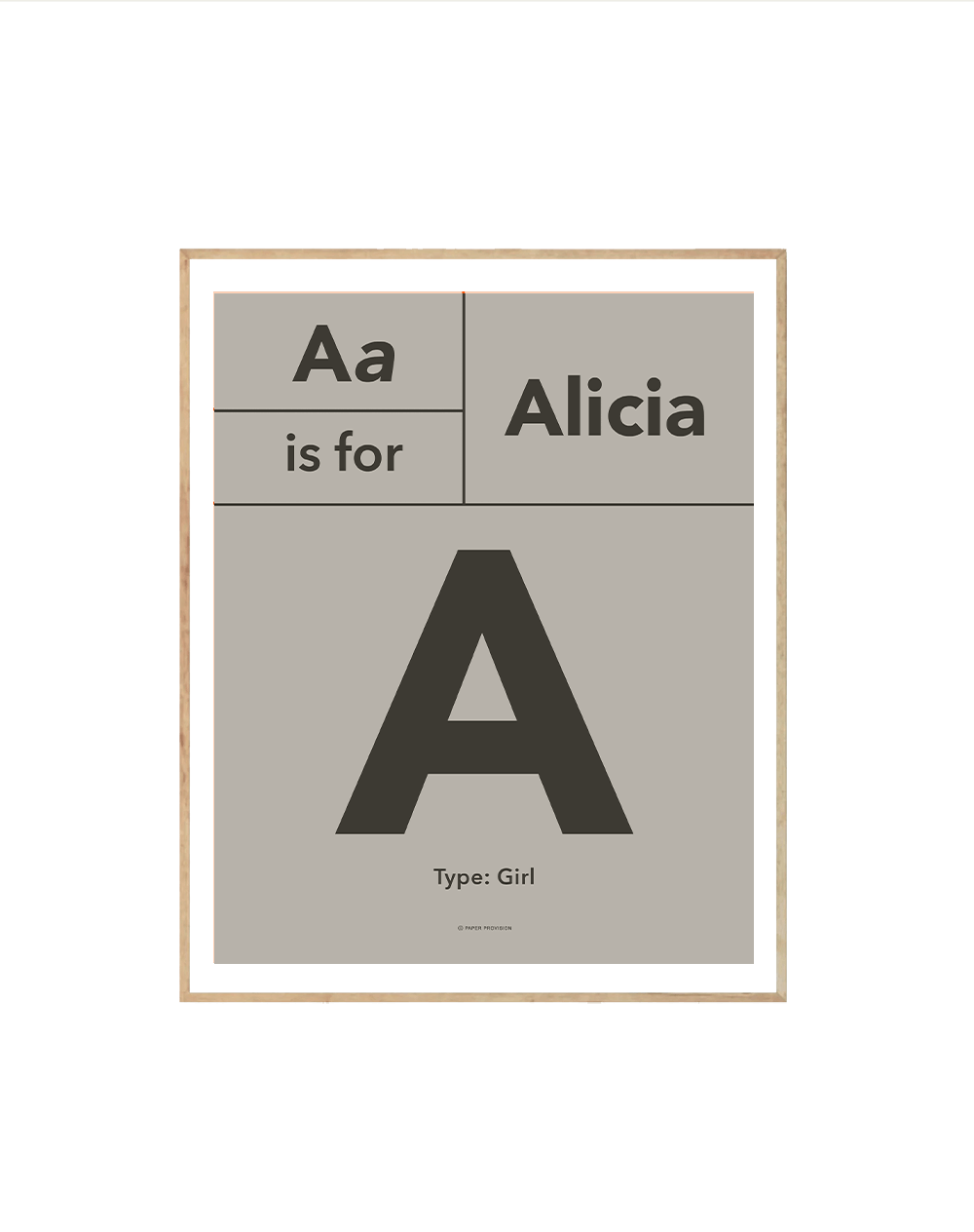 Personalised Typo Initial Avenir print featuring a child's initial in a stylish design, perfect for nursery or bedroom decor.